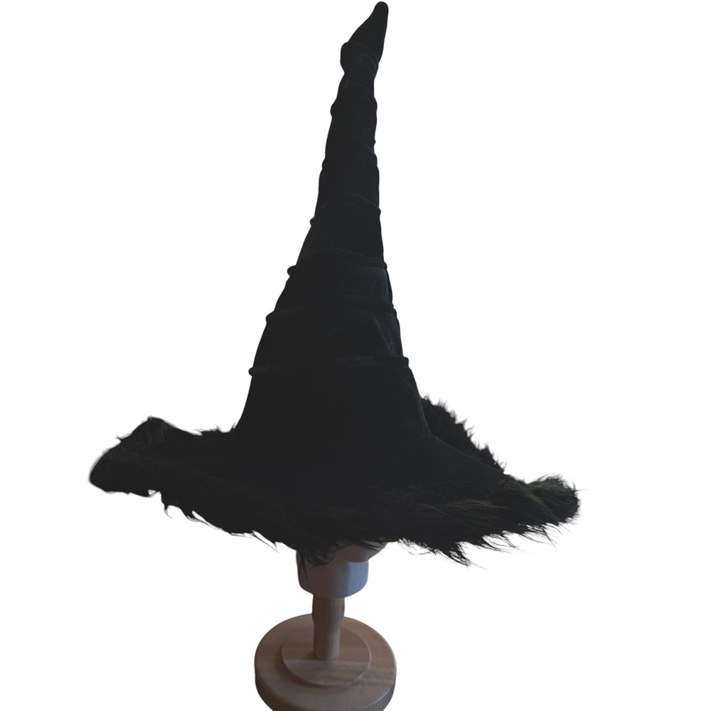 Black Velvet Witch Hat Faux Fur Trim Ruched Slouchy Pointed Halloween Costume